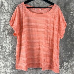 Seven7 Size XXL Striped Boat Neck Casual Cotton Blend Top Coral Short Sleeve